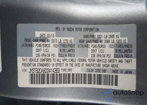 2013 Mazda Cx-9 Grand Touring из США, поврежденный, VIN JM3TB2DA8D0414369